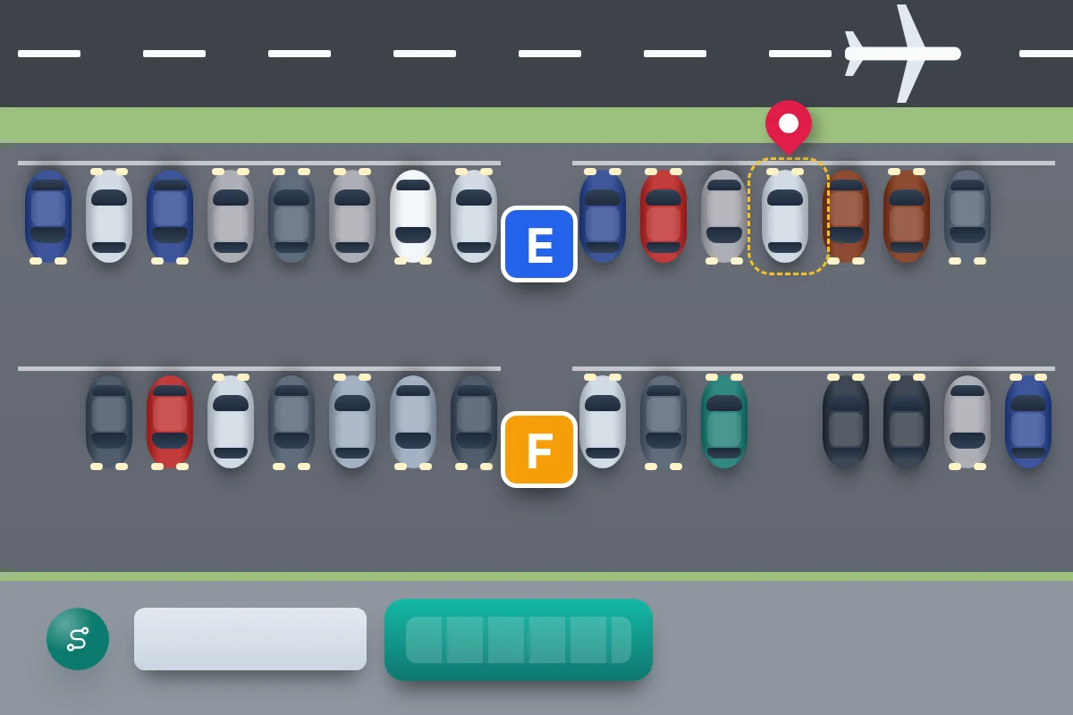 An airport long-stay car park from above with lettered zone signs, rows of cars, a pinned car and a shuttle bus