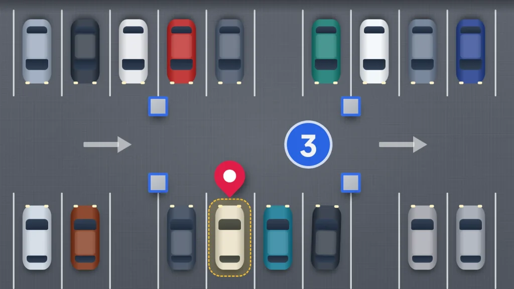A car park level from above with rows of cars, a blue level 3 marker and a red pin over one highlighted car