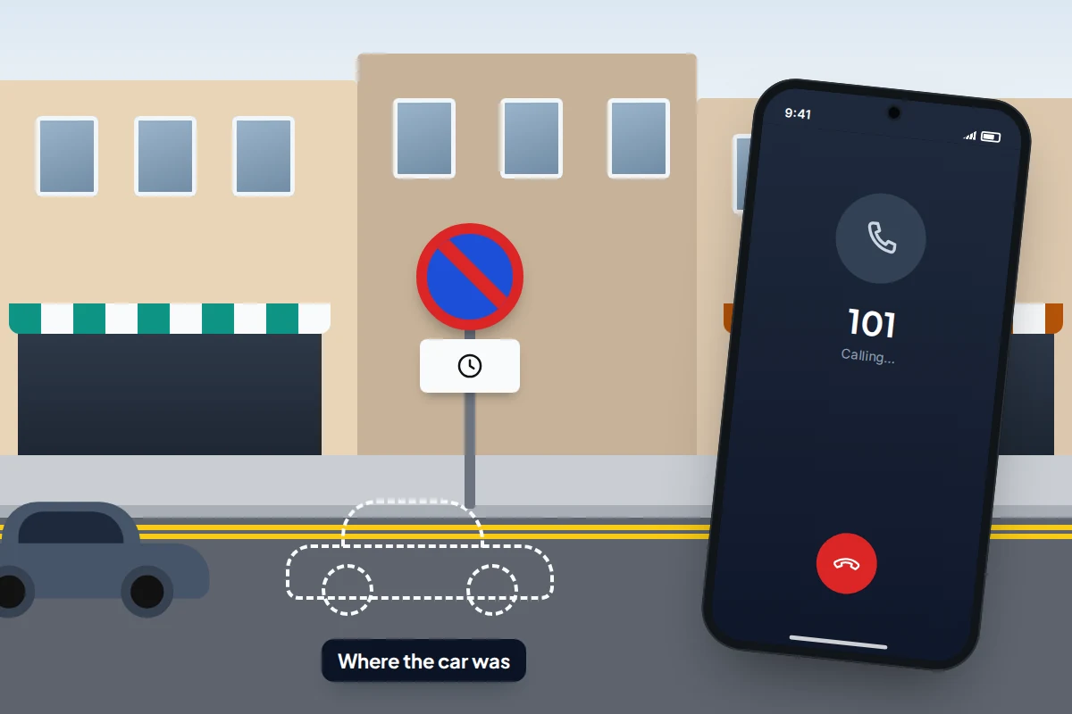 A street with double yellow lines, a no-waiting sign, a dashed outline where a car was and a phone calling 101