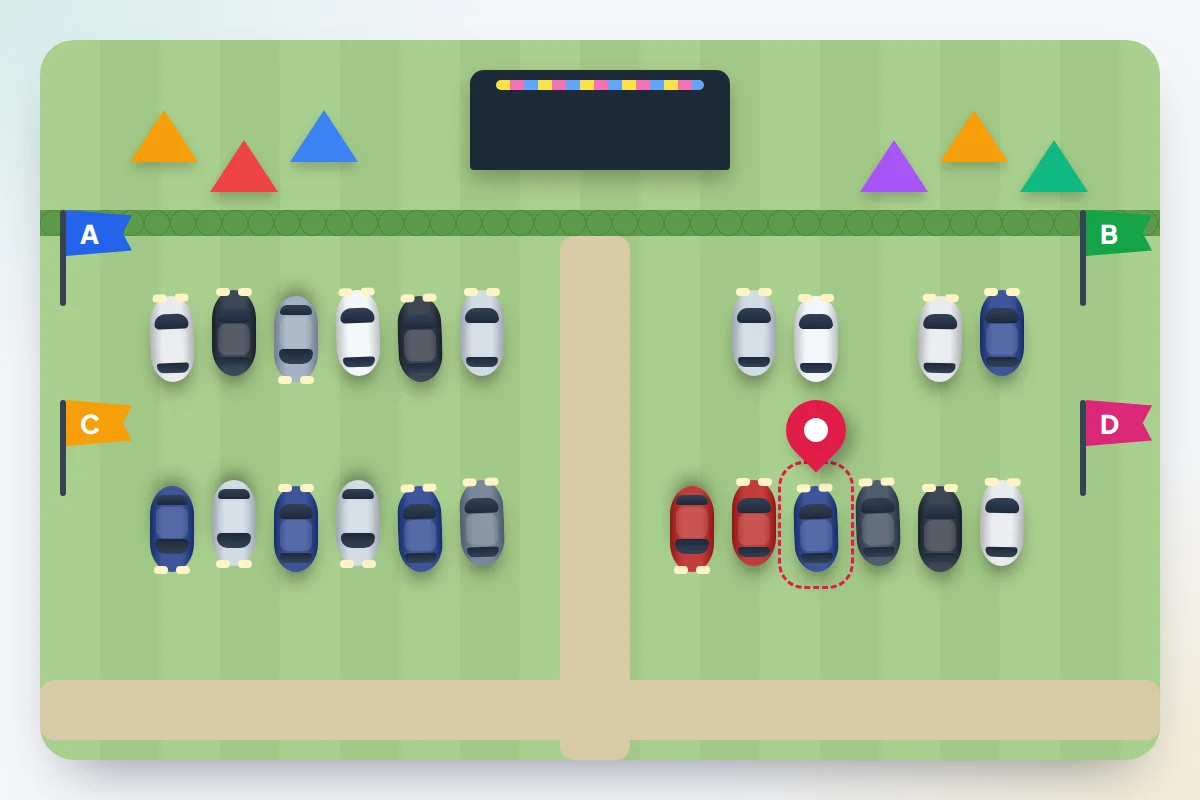A festival car park field from above with rows of cars, coloured flag poles, tents beyond and a pin on one car