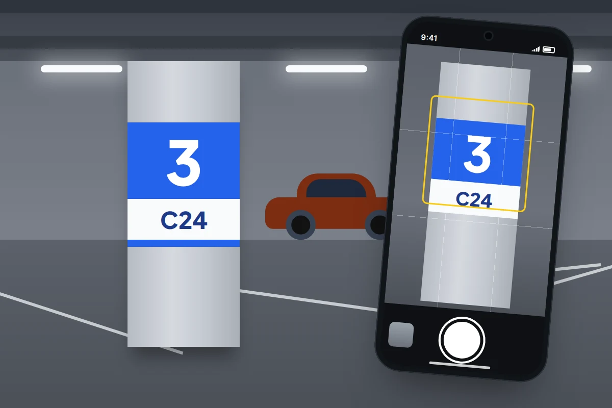 A phone camera framing a car park pillar sign showing level 3 and bay C24, with a parked car behind