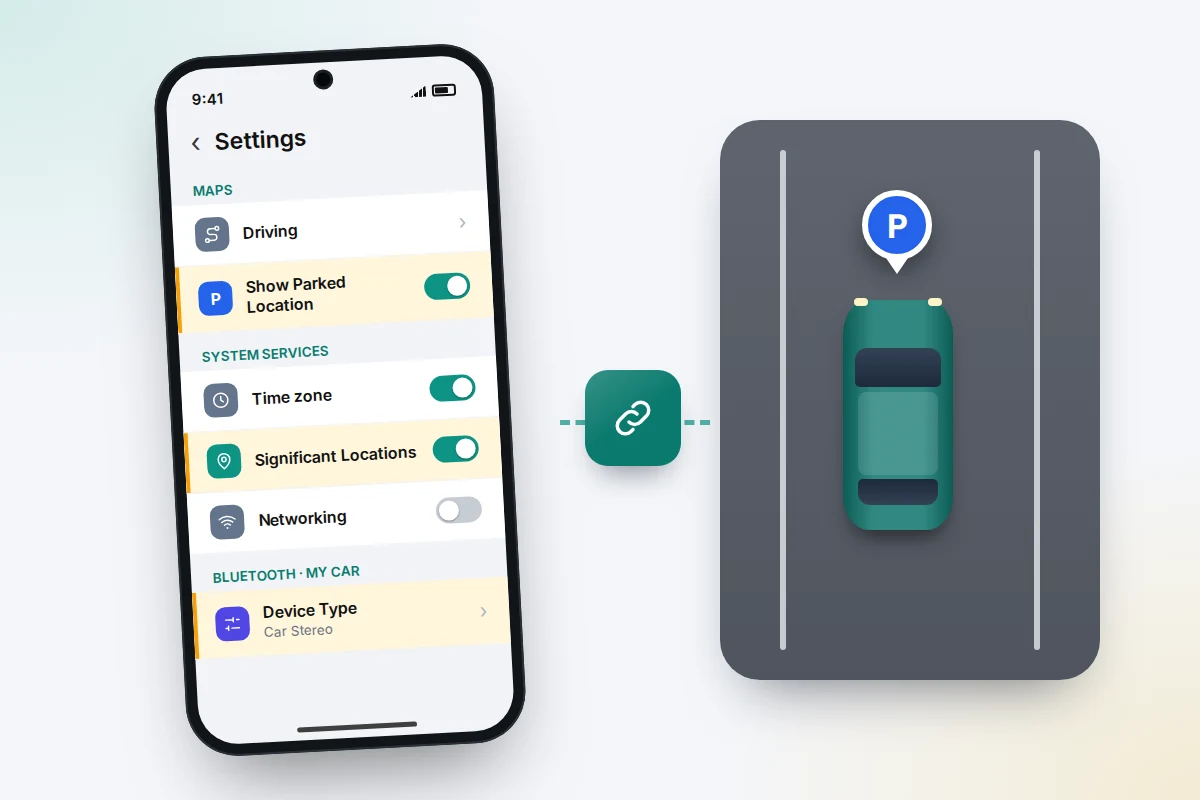 A phone settings screen with Show Parked Location and Significant Locations on and the car set as Car Stereo