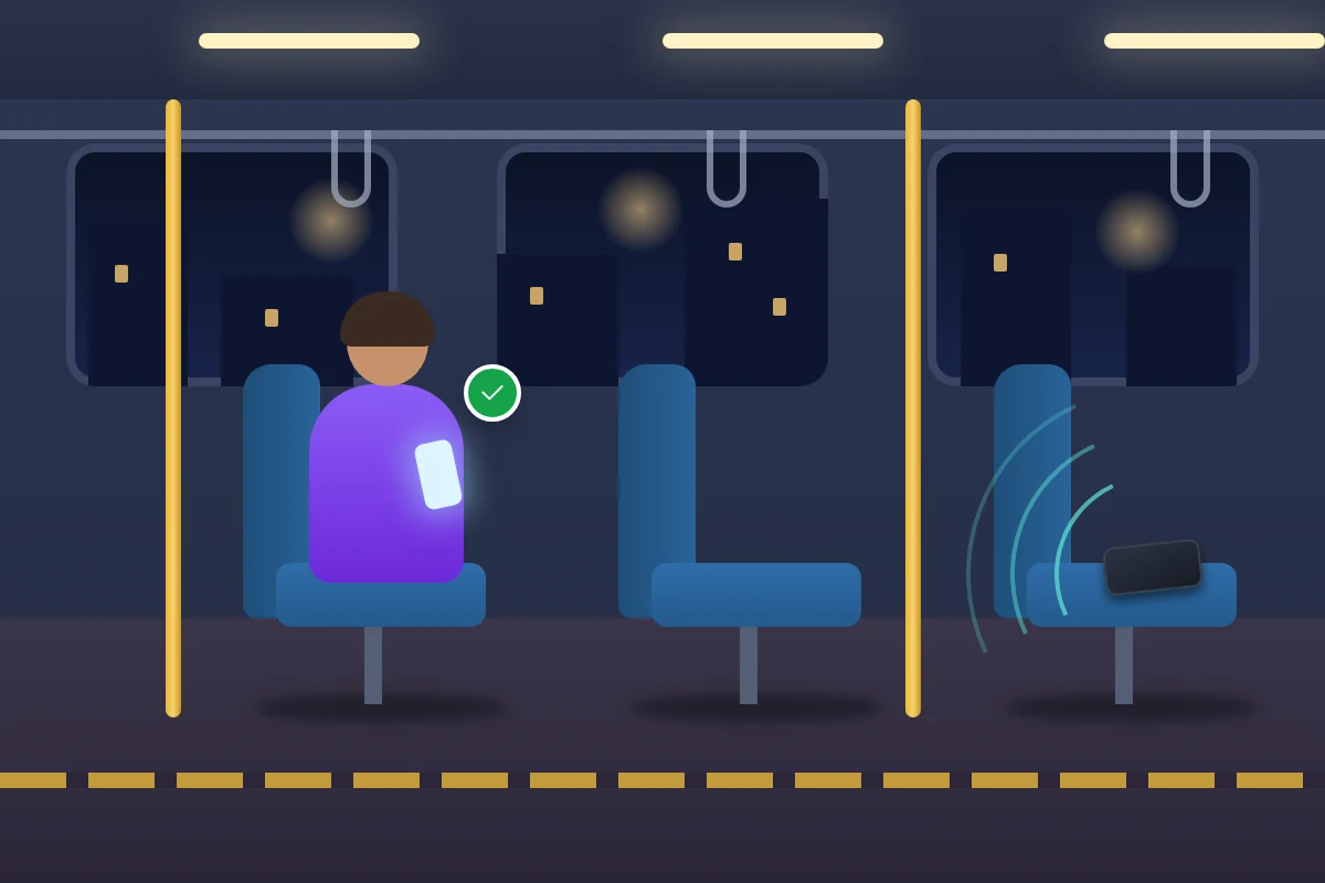 Inside a train carriage at night, a phone left on a seat sends faint signal rings towards a passenger's phone two seats away