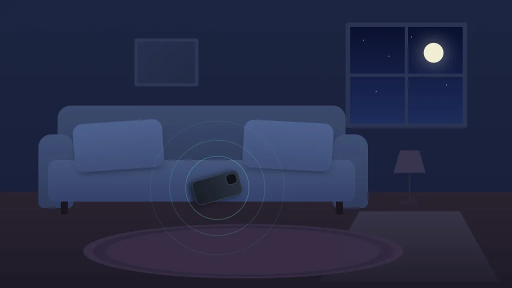 A dark living room at night with a phone lying face down on the sofa, faint signal rings spreading around it