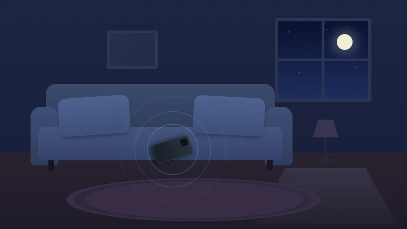 A dark living room at night with a phone lying face down on the sofa, faint signal rings spreading around it