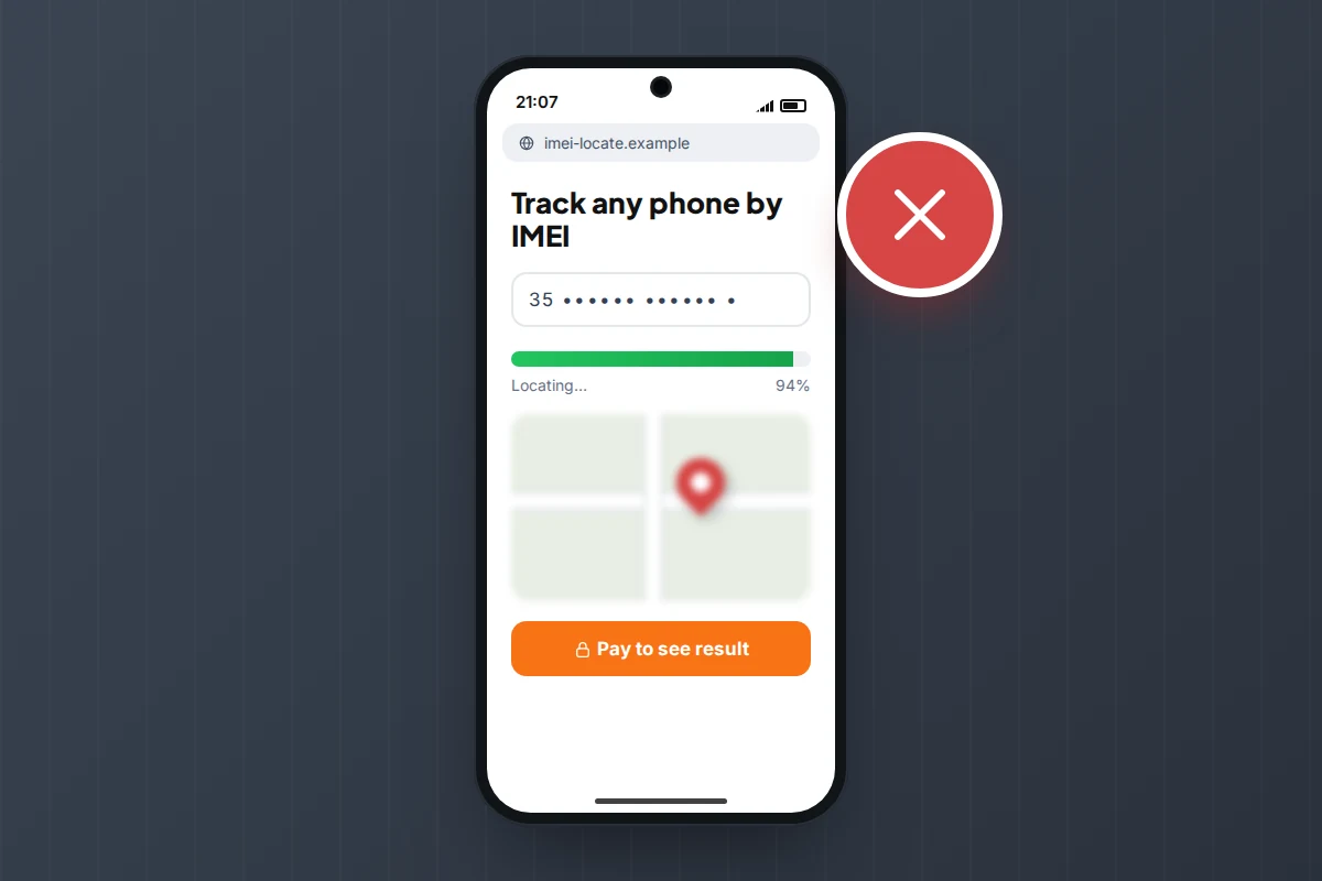 A phone showing a web page that promises to locate any phone by IMEI, with a progress bar and a pay button, marked with a red cross