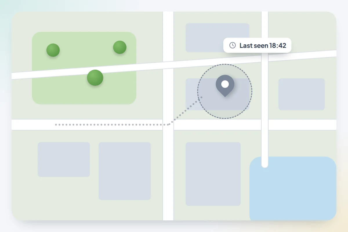 A street map with a grey pin marking a phone's last known location and a faded dotted trail leading to it
