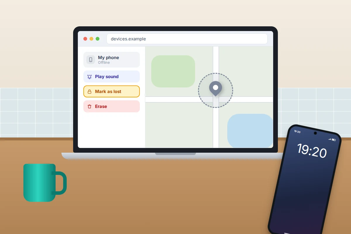 A laptop on a kitchen table showing a device map with a grey offline phone and a mark as lost button, next to a borrowed phone