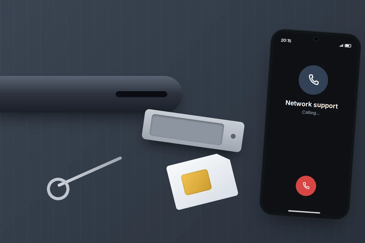 Close-up of an ejected SIM tray, SIM card and eject pin beside a phone calling network support