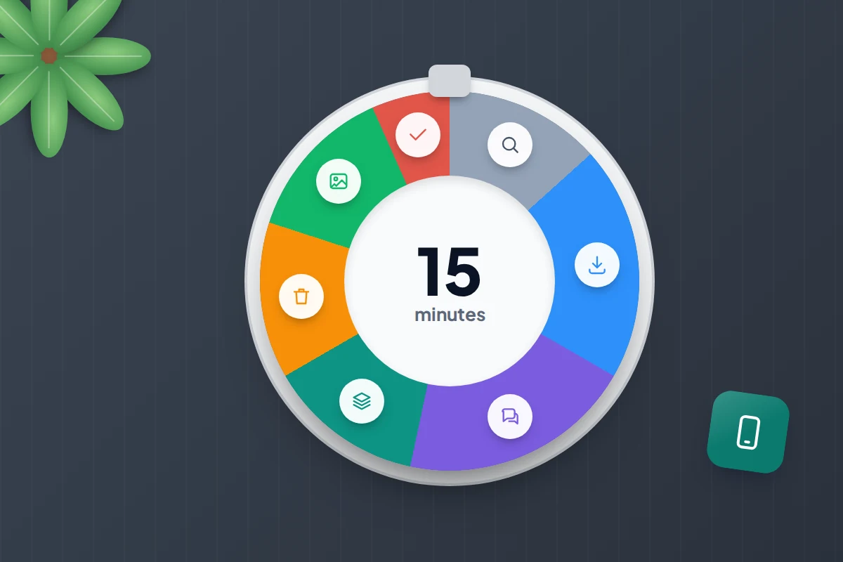A round 15-minute timer split into coloured segments with icons for looking, downloads, chats, apps, files, photos and finishing