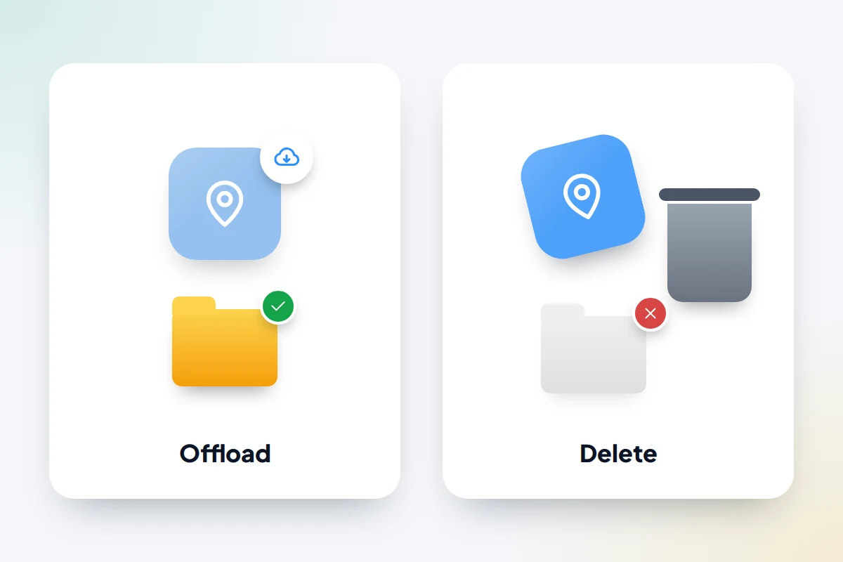 Two app icons compared: one offloaded with a cloud badge and its data kept, one dragged to a bin with its data gone