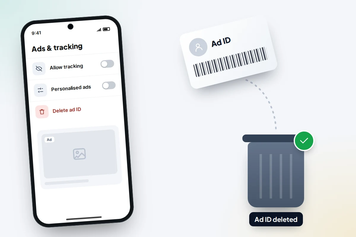 A phone with an advertising ID card being dropped into a bin, next to a switched-off tracking toggle