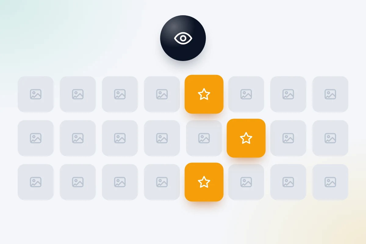 A grid of grey advert cards with three highlighted in colour and an eye icon above them