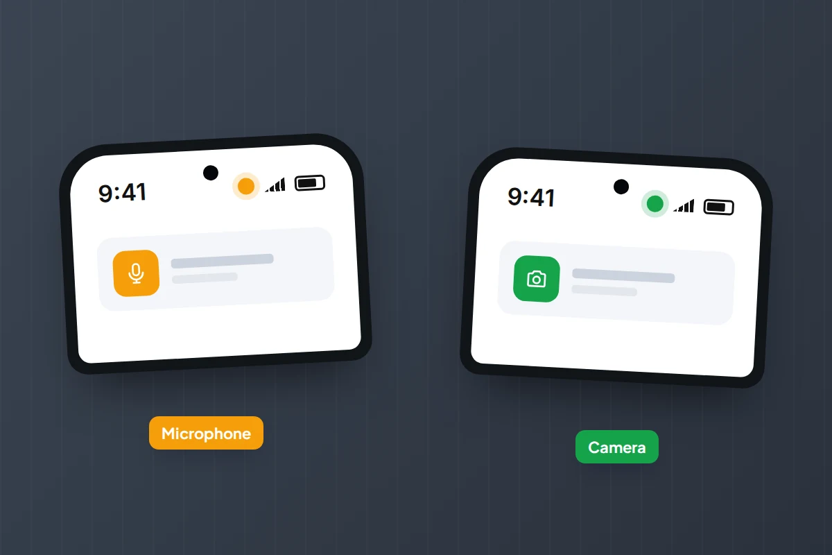 Two phone status bars enlarged, one with an orange microphone dot and one with a green dot and a microphone icon
