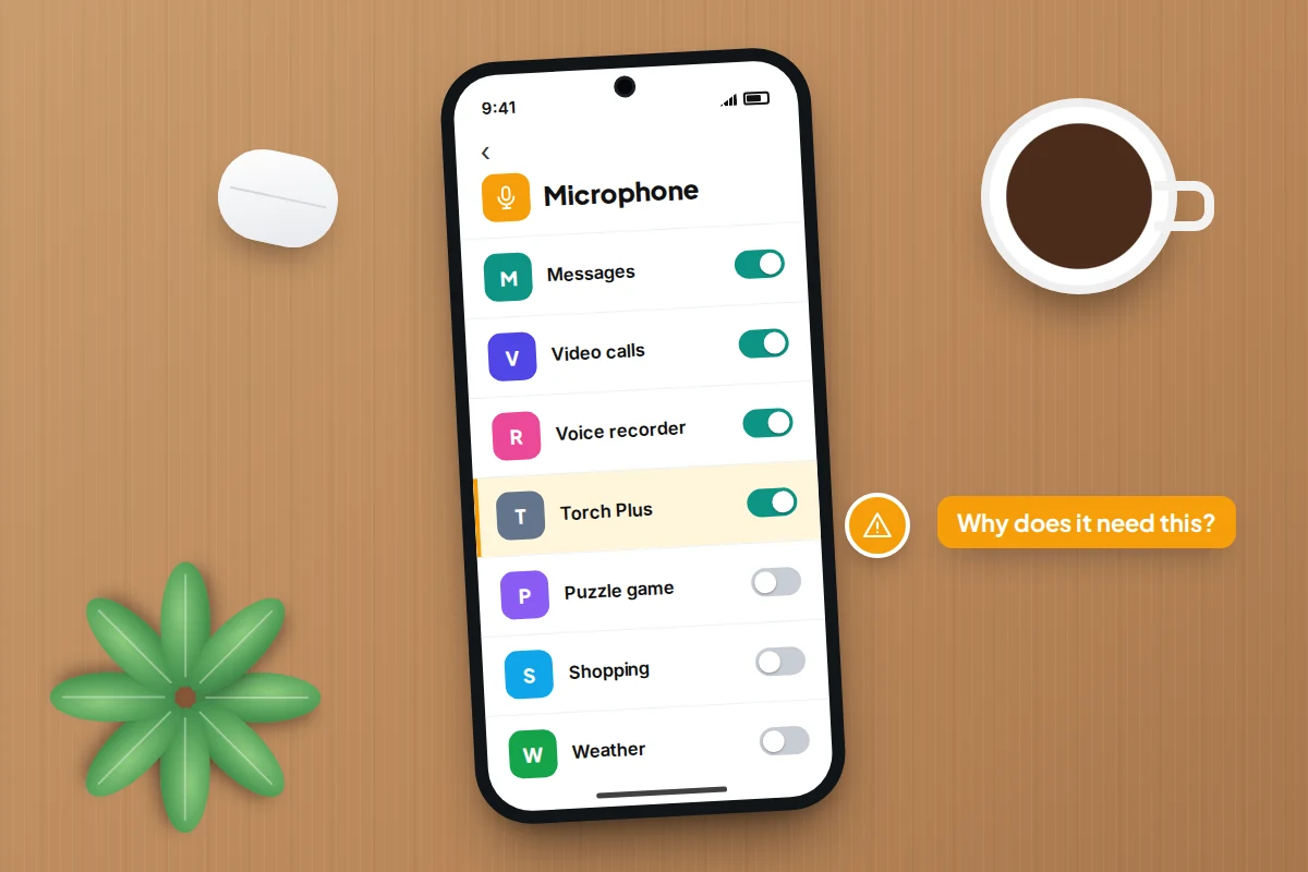 Phone screen listing apps with microphone switches, one unfamiliar torch app highlighted in amber