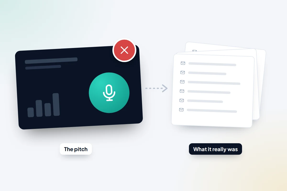 A presentation slide with a microphone icon crossed out, beside a stack of papers representing bought email lists
