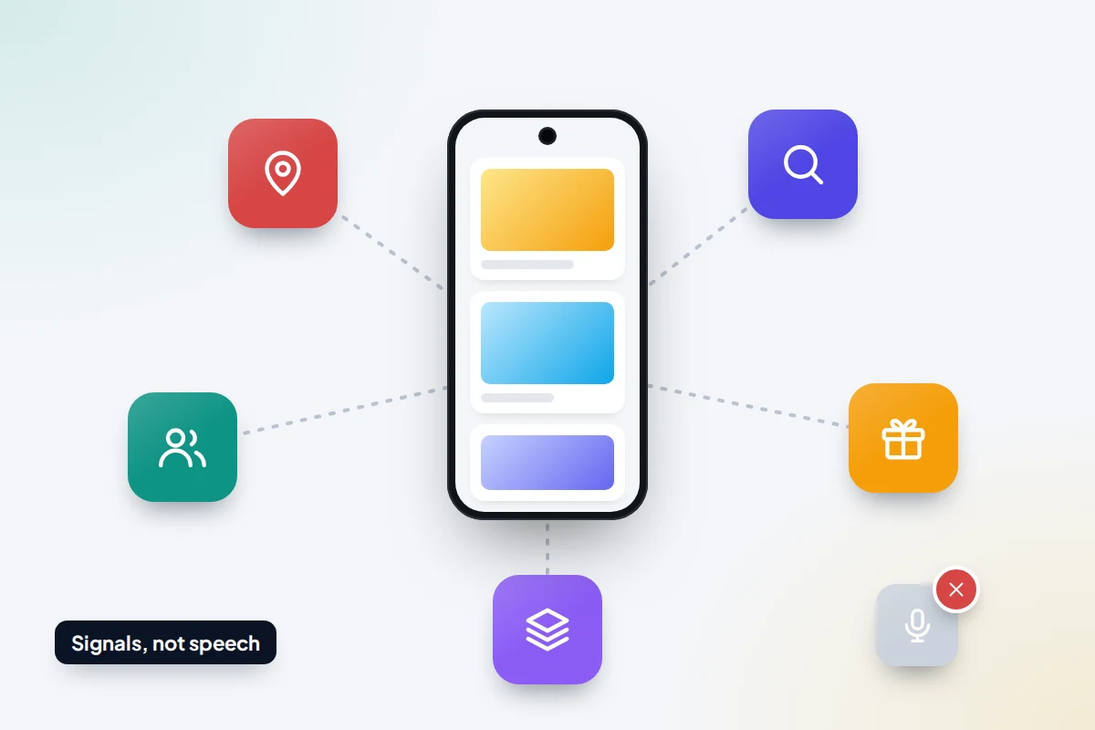 A phone at the centre with lines to icons for location, web browsing, contacts, shopping and data lists