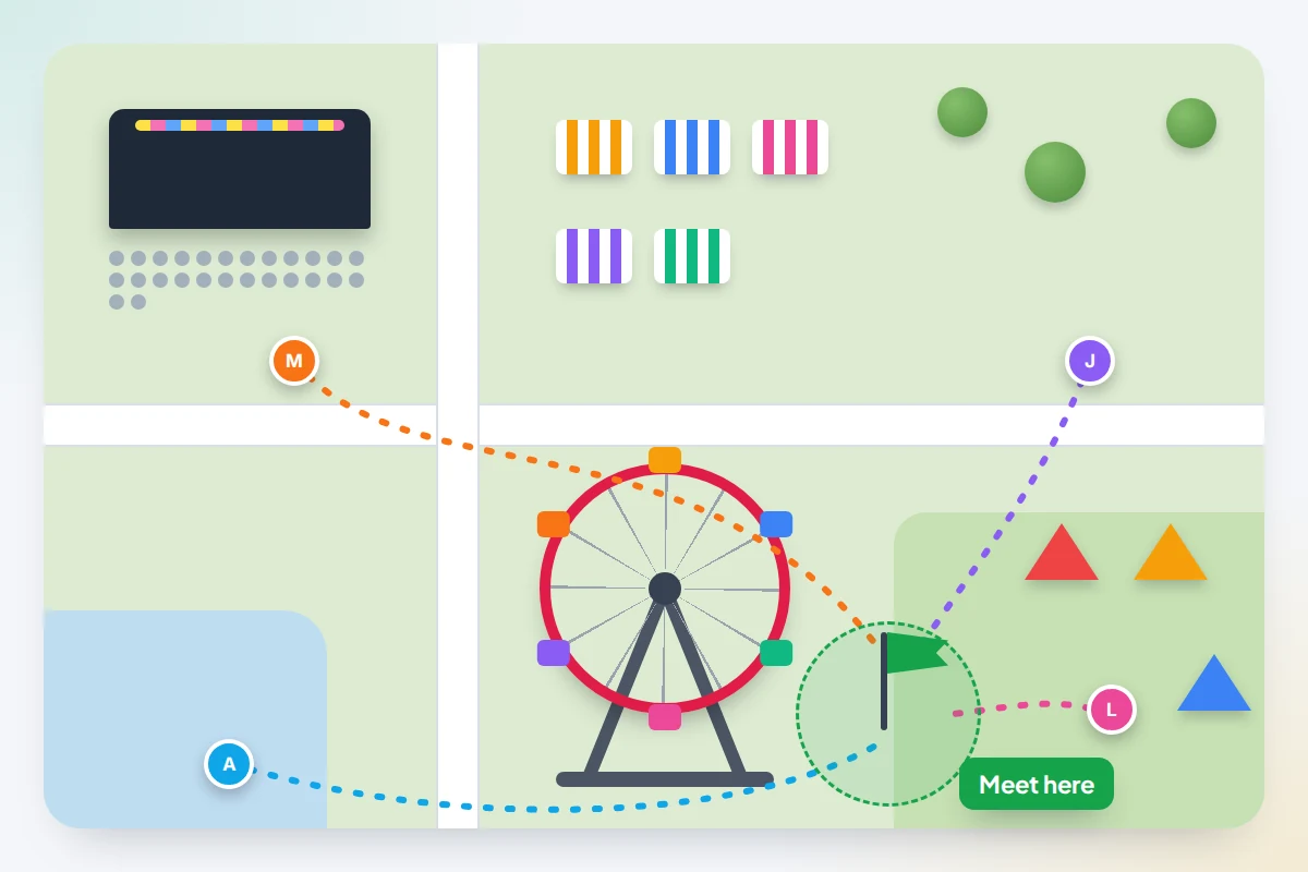Festival site map with four family members and dotted routes leading to one flag marked as the meeting point