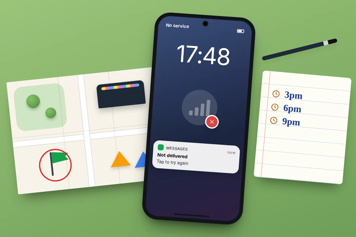 Phone showing no service beside a paper site map with the meeting point circled and a notepad of check-in times