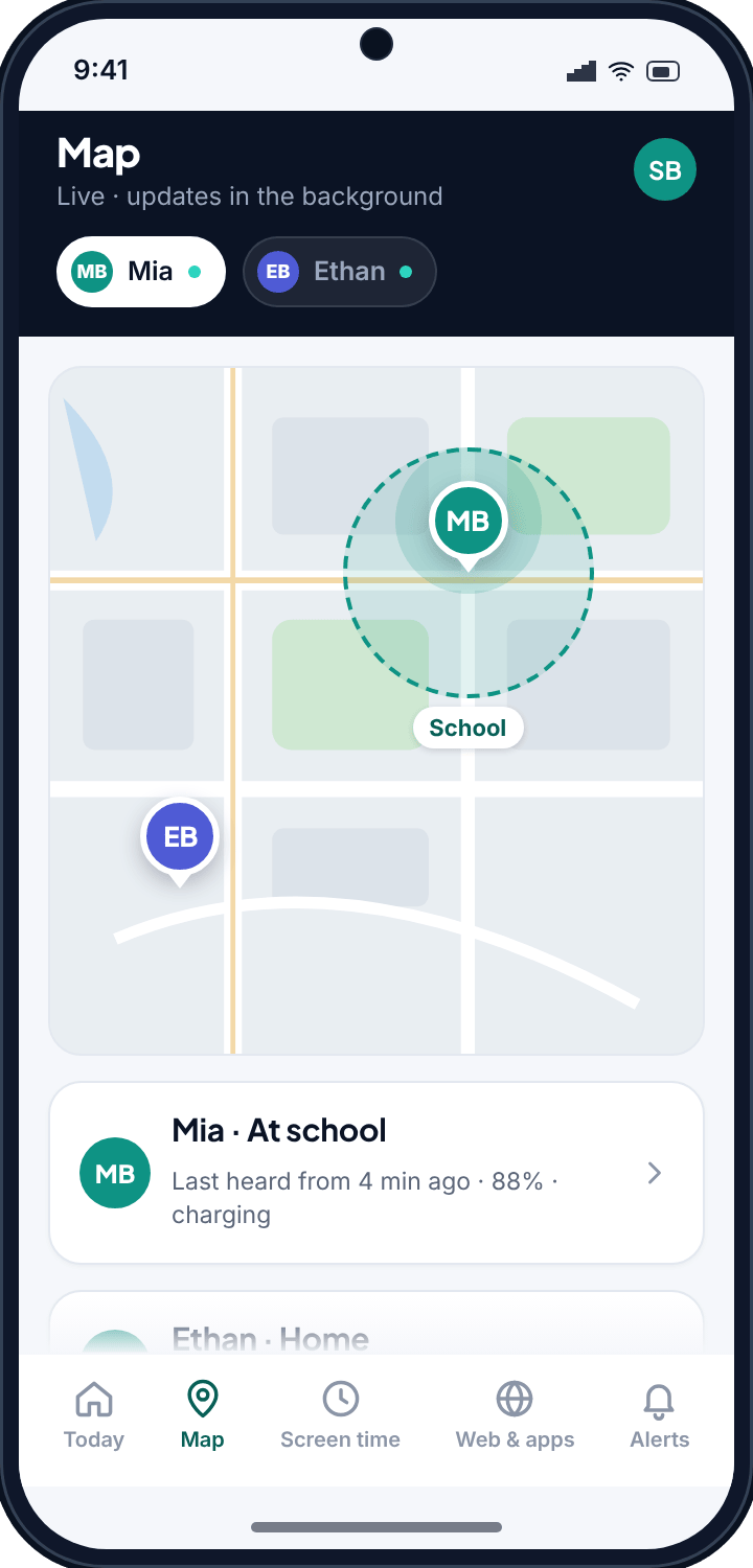 Family location app map showing two children's positions and a circle around an agreed place