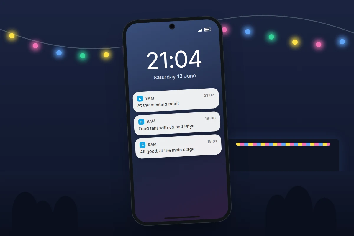 Phone lock screen at a night-time festival showing three short check-in messages from a teenager