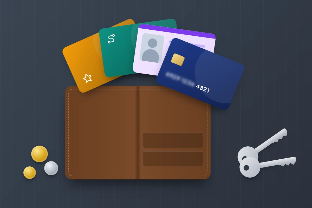 An open leather wallet with a bank card, photo ID, travel card and loyalty card fanned out, beside keys and coins