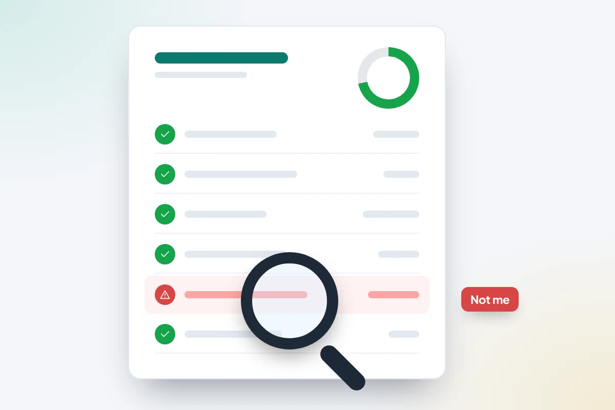 A credit report with ticked rows and one row flagged in red under a magnifying glass, labelled Not me