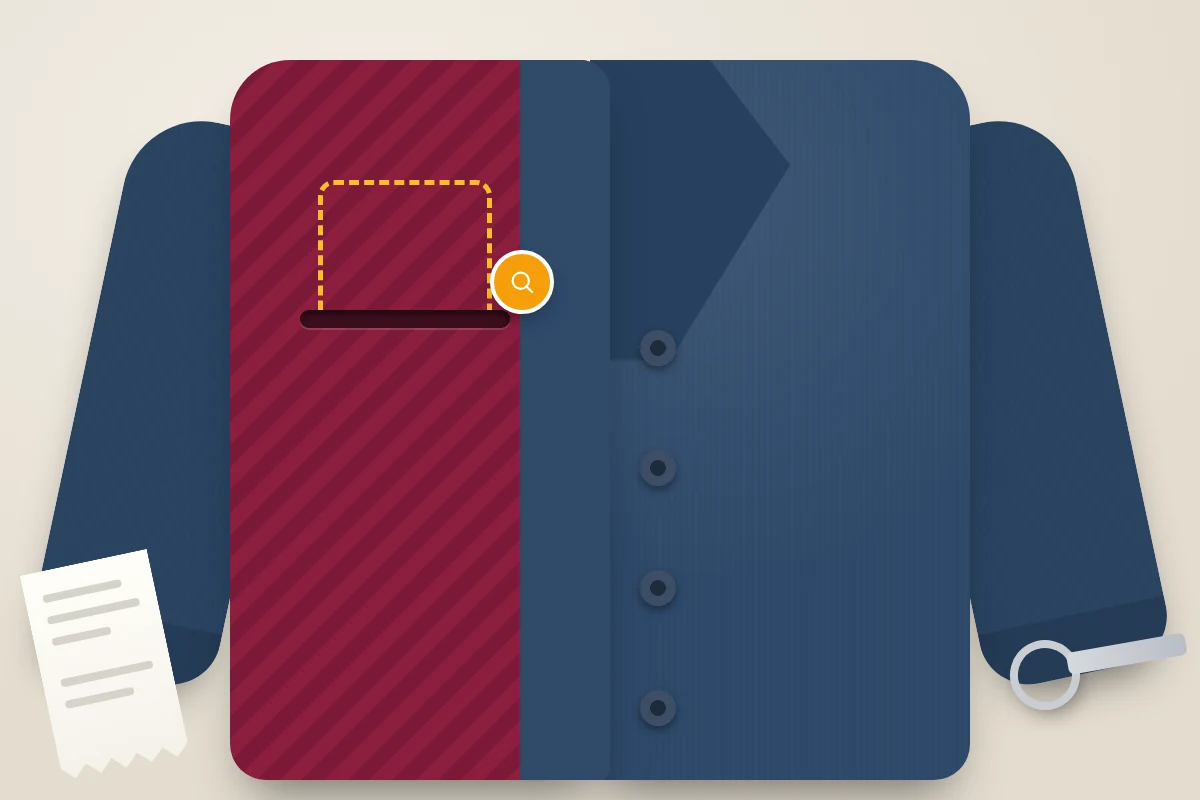 An open navy jacket showing its striped lining and an empty inside pocket with a dashed outline where a wallet was