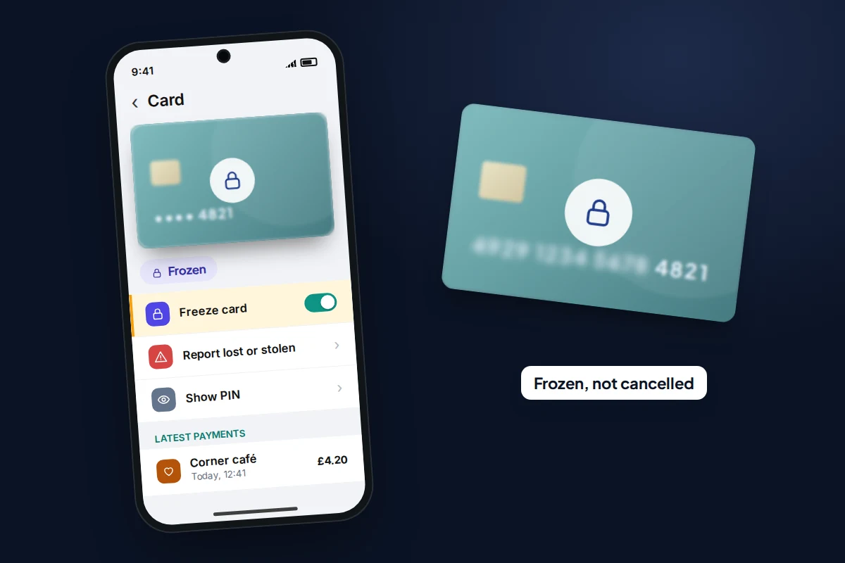A phone showing a frozen bank card ending 4821 with the Freeze card switch on, beside the same card with a lock