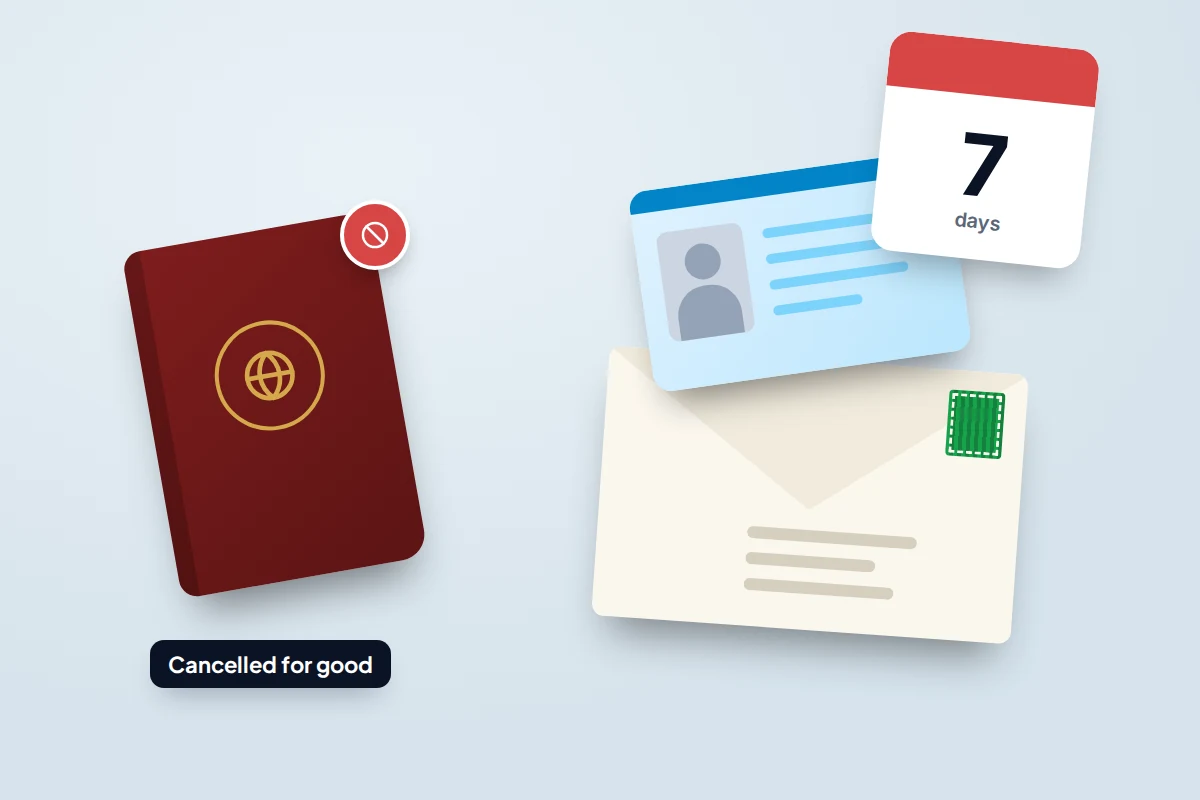A passport with a cancelled symbol, a photo driving licence on an envelope and a calendar showing 7 days