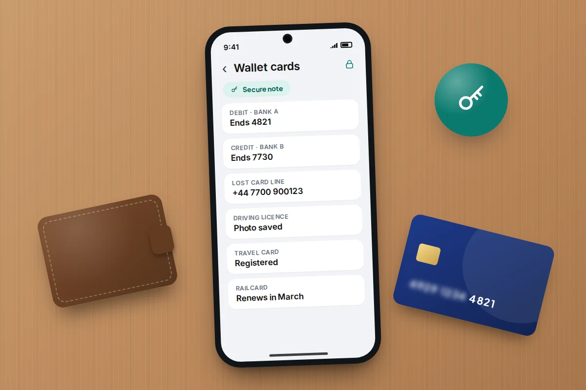 A phone showing a secure note listing cards by last four digits and a lost card phone number, beside a wallet and card