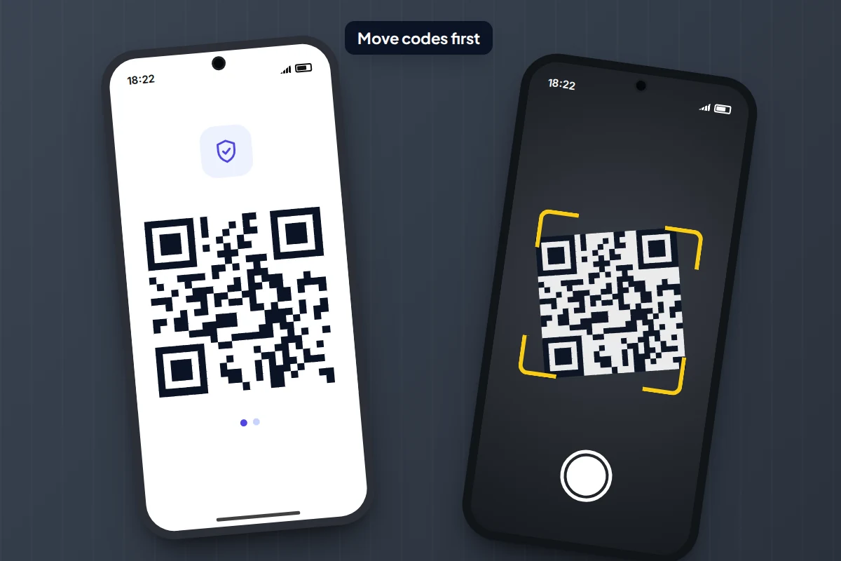 Close-up of an old phone showing a QR code while a new phone's camera frame lines up to scan it