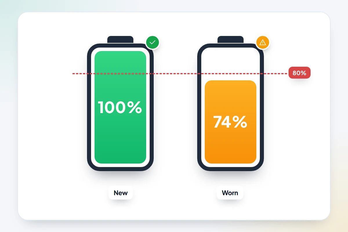 Two large battery icons: a full green one labelled new and a 74% orange one labelled worn, below a dashed 80% line