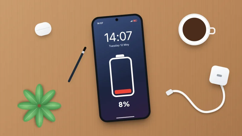 A phone on a wooden desk showing a nearly empty battery at 8%, with a charger, cable, coffee cup and plant nearby