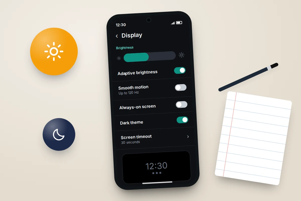 A phone in dark theme showing display settings with a brightness slider and switches for smooth motion and always-on screen