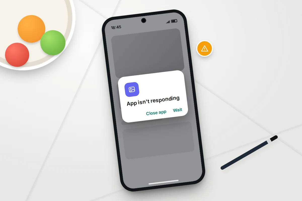 A phone showing a greyed-out app behind a generic not responding dialog with close and wait buttons