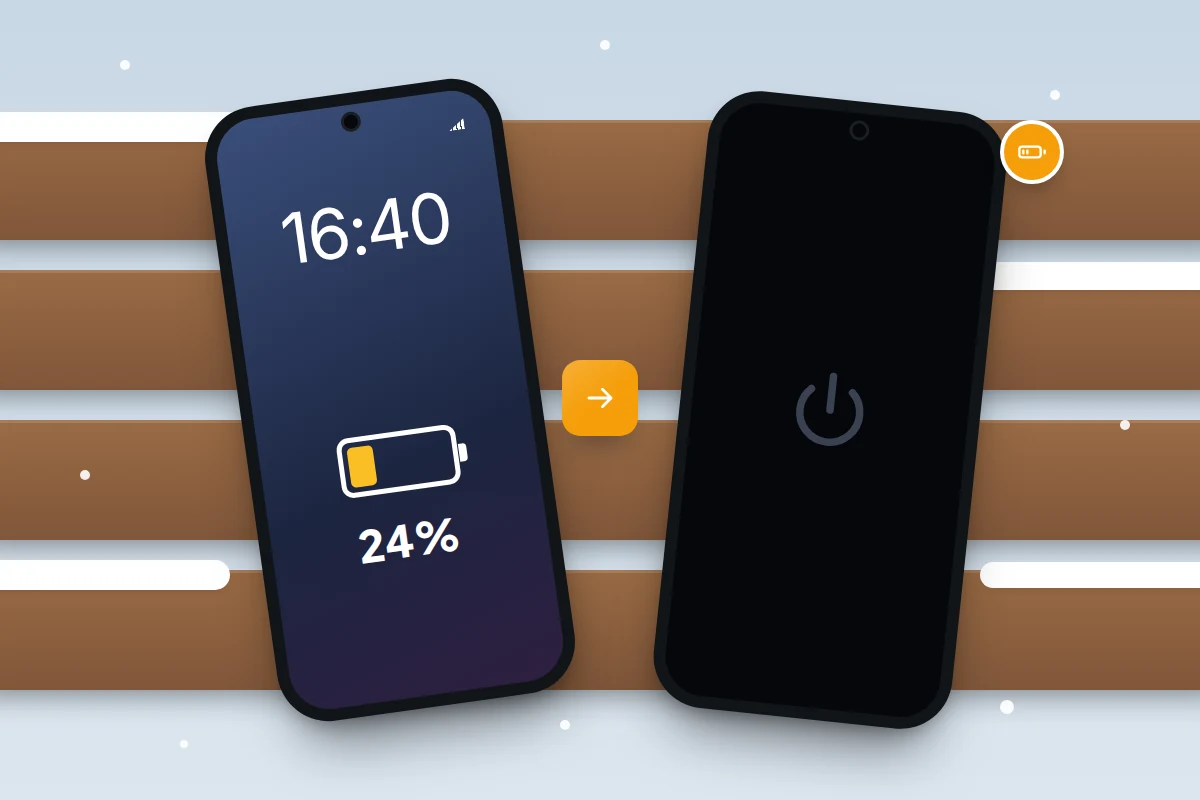 A phone on a snowy park bench showing 24% battery, beside the same phone with a black screen and a power symbol