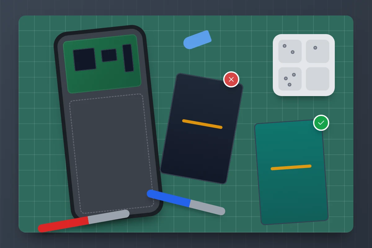 A repair mat with an opened phone, its old battery crossed out beside a ticked new one, screwdrivers and a tray of screws