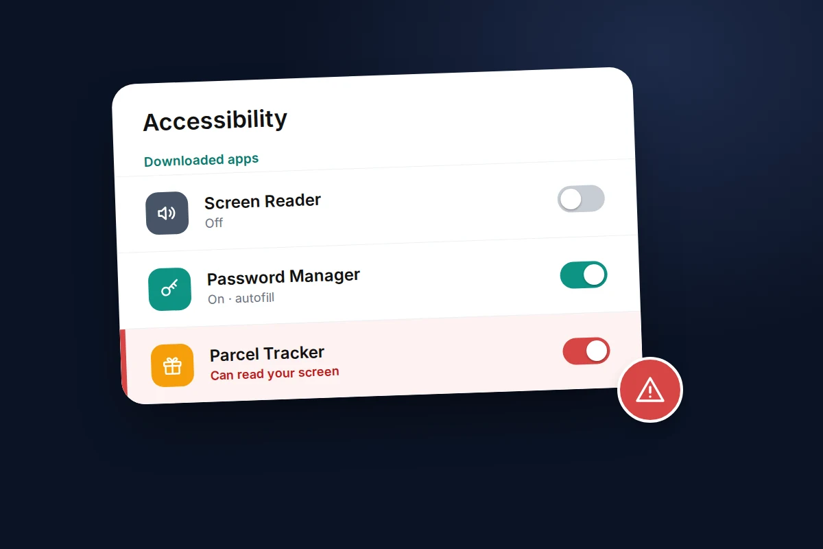 Close-up of an accessibility settings list with a screen reader switched off and an unknown parcel tracker app switched on and flagged
