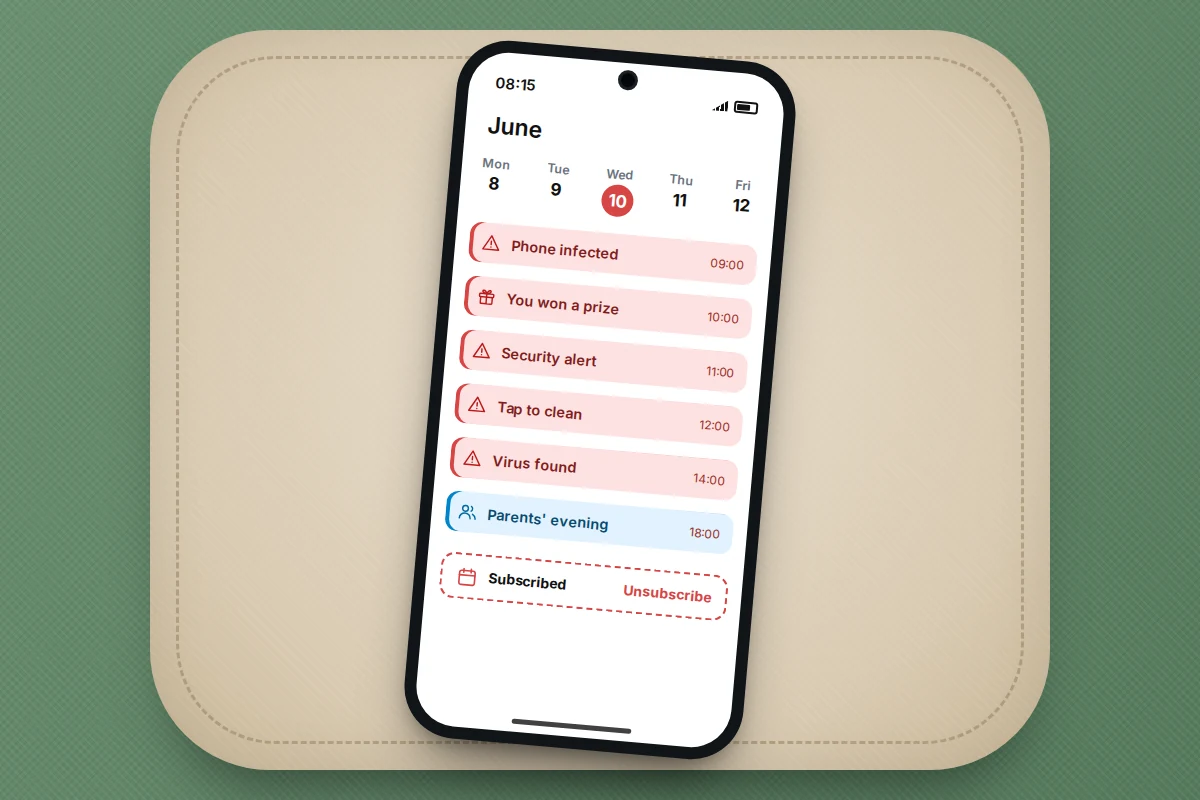 A phone on a cushion showing a day of red scam events such as Phone infected above one genuine event, with an unsubscribe option