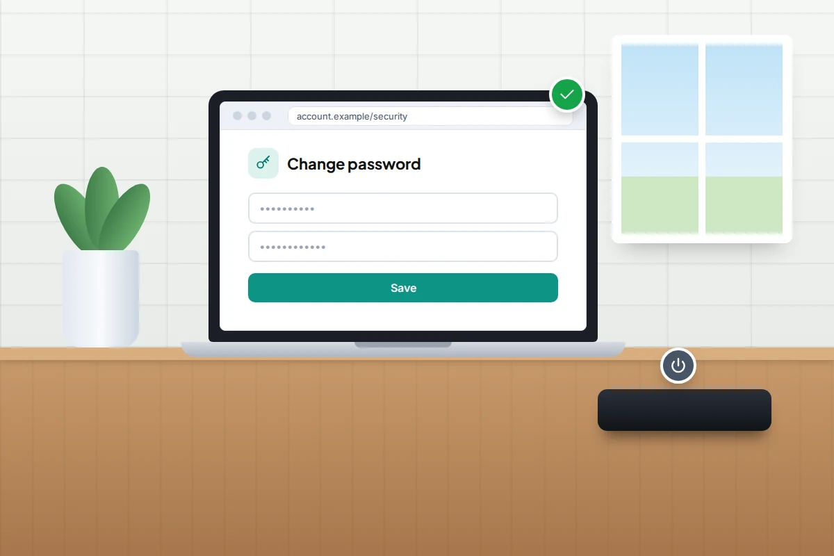 A kitchen table with a laptop showing a password change screen, while the suspect phone lies switched off to one side