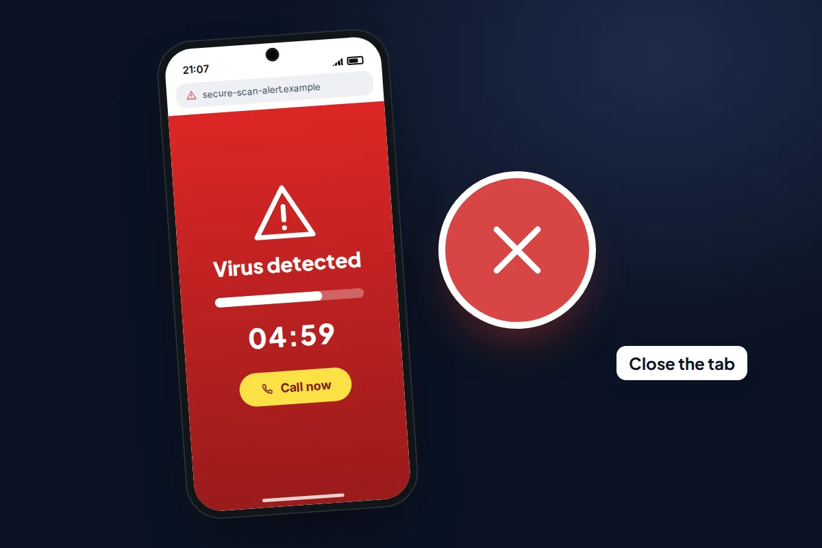 A phone showing a fake red virus warning page with a countdown and a call-now button, beside a large red close symbol
