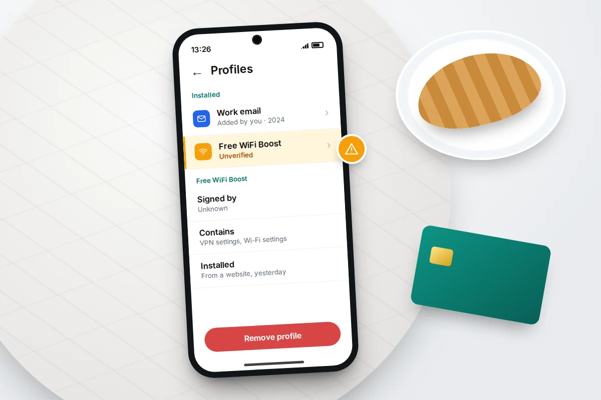 A phone settings screen listing an unfamiliar free Wi-Fi profile highlighted in amber above a remove button