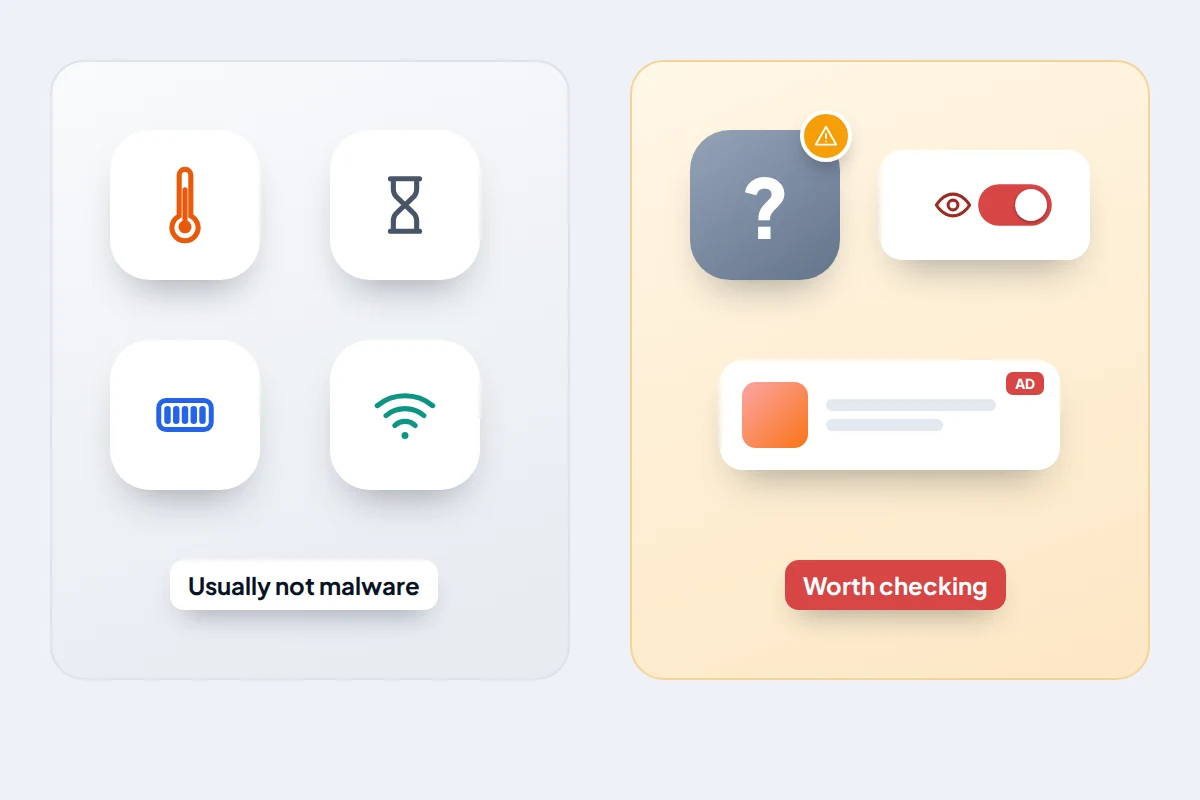 Split panel: heat, slowness, battery and data icons marked usually not malware; an unknown app, a permission and an ad marked worth checking