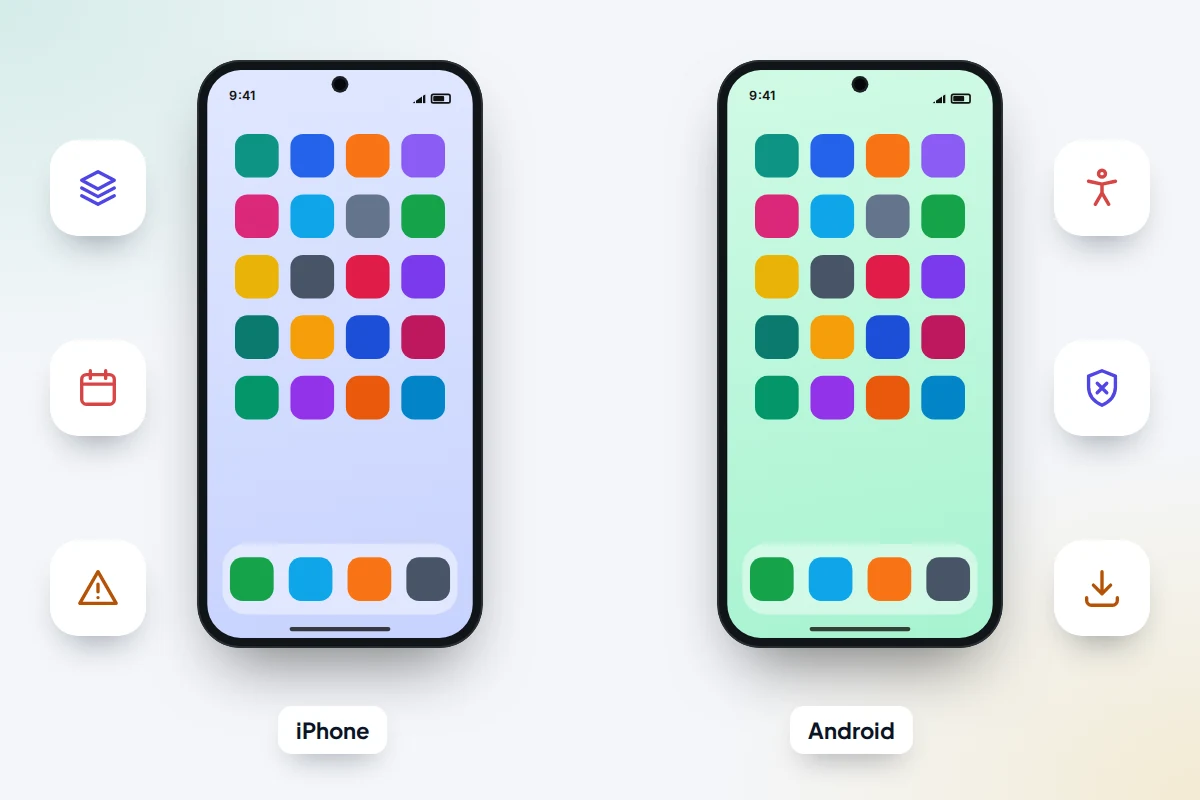 Two phones labelled iPhone and Android, each flanked by icons for its realistic threats, such as profiles and sideloaded apps