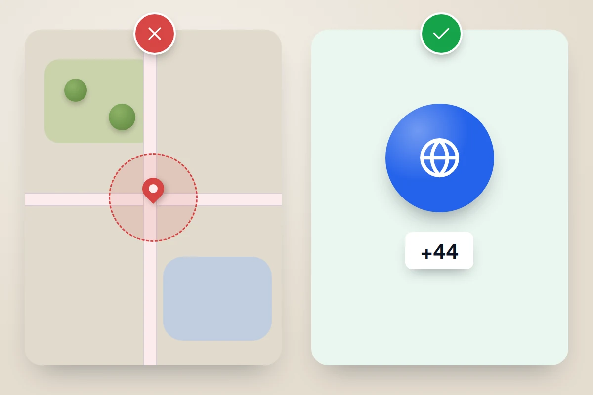 Two panels: a precise map pin marked with a cross, and a globe with only a country code marked with a tick