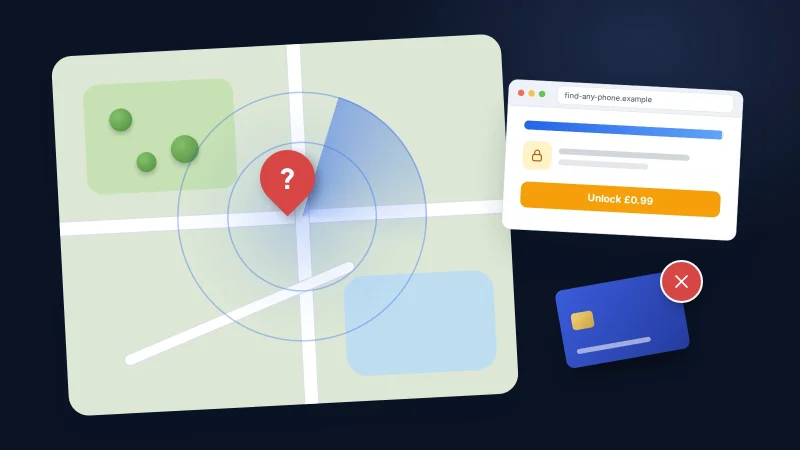 Map with a question-mark pin inside radar rings, beside a browser asking for a small fee to unlock and a crossed-out bank card