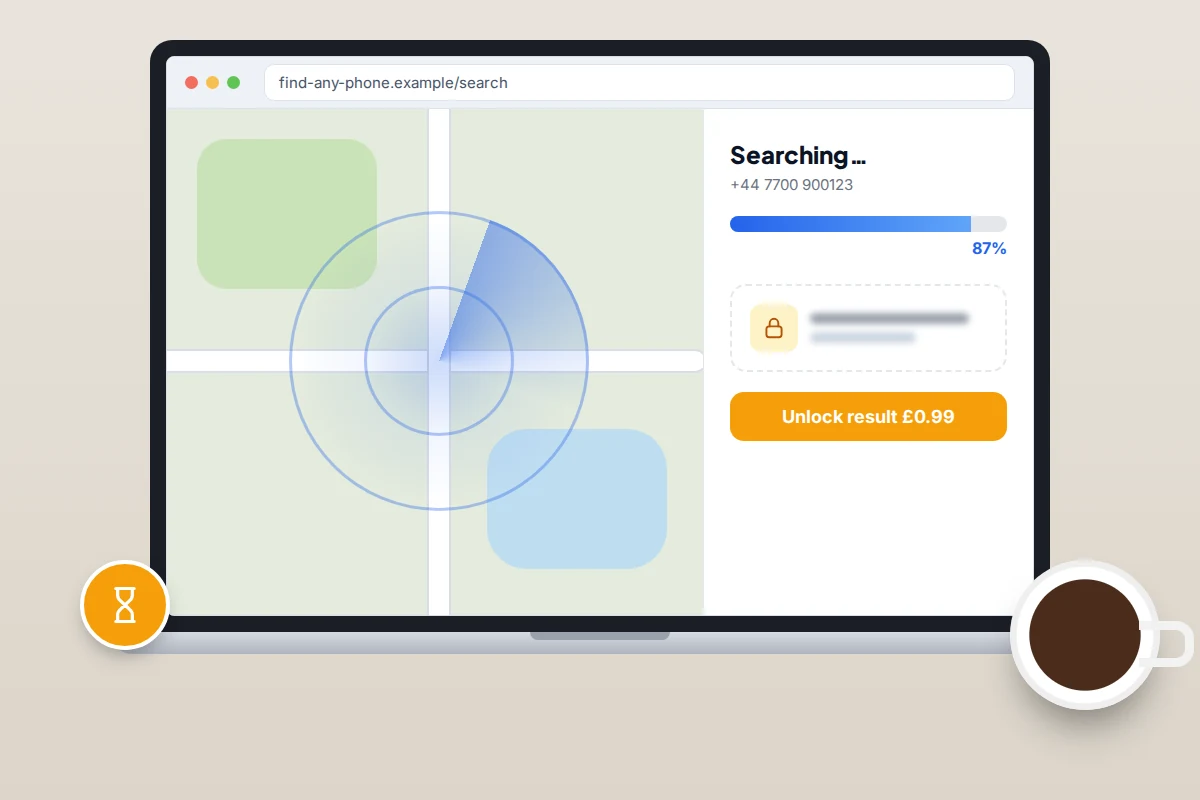 Laptop browser showing a radar animation stuck at 87 percent with a small fee required to unlock the result