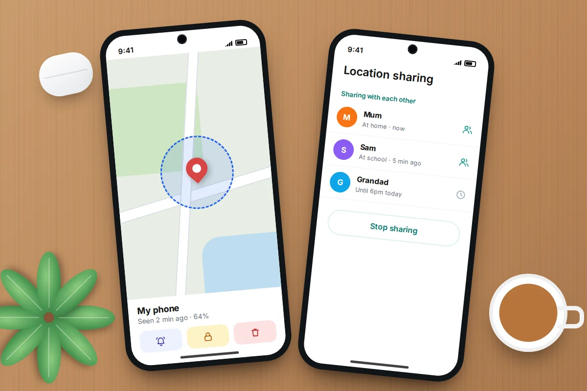 Desk flat-lay with one phone locating a lost device on a map and another showing family members sharing location