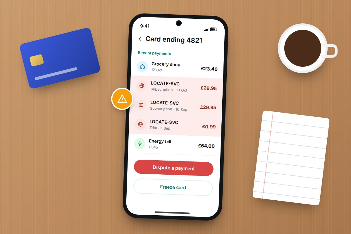 Phone banking screen listing a small trial charge followed by larger repeat charges, with a dispute button highlighted